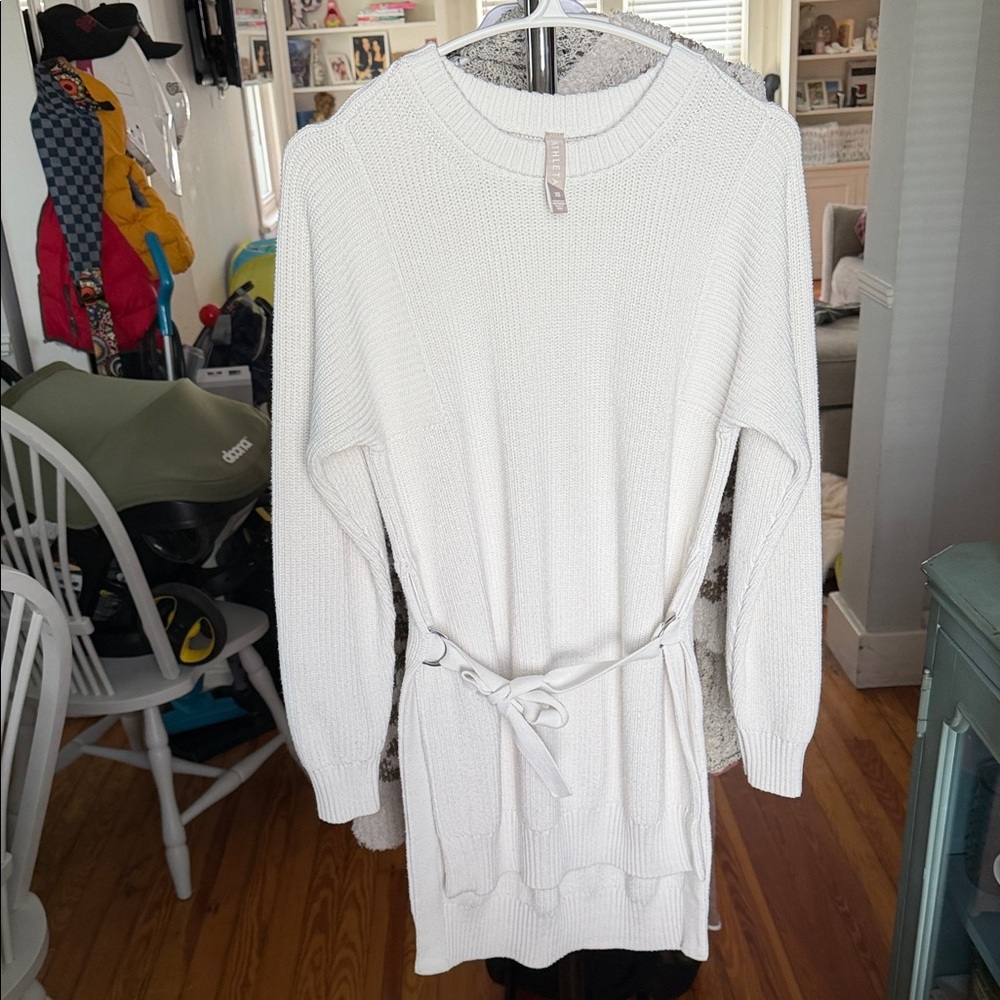Athleta Cream Crewneck Belted Knit Sweater Dress